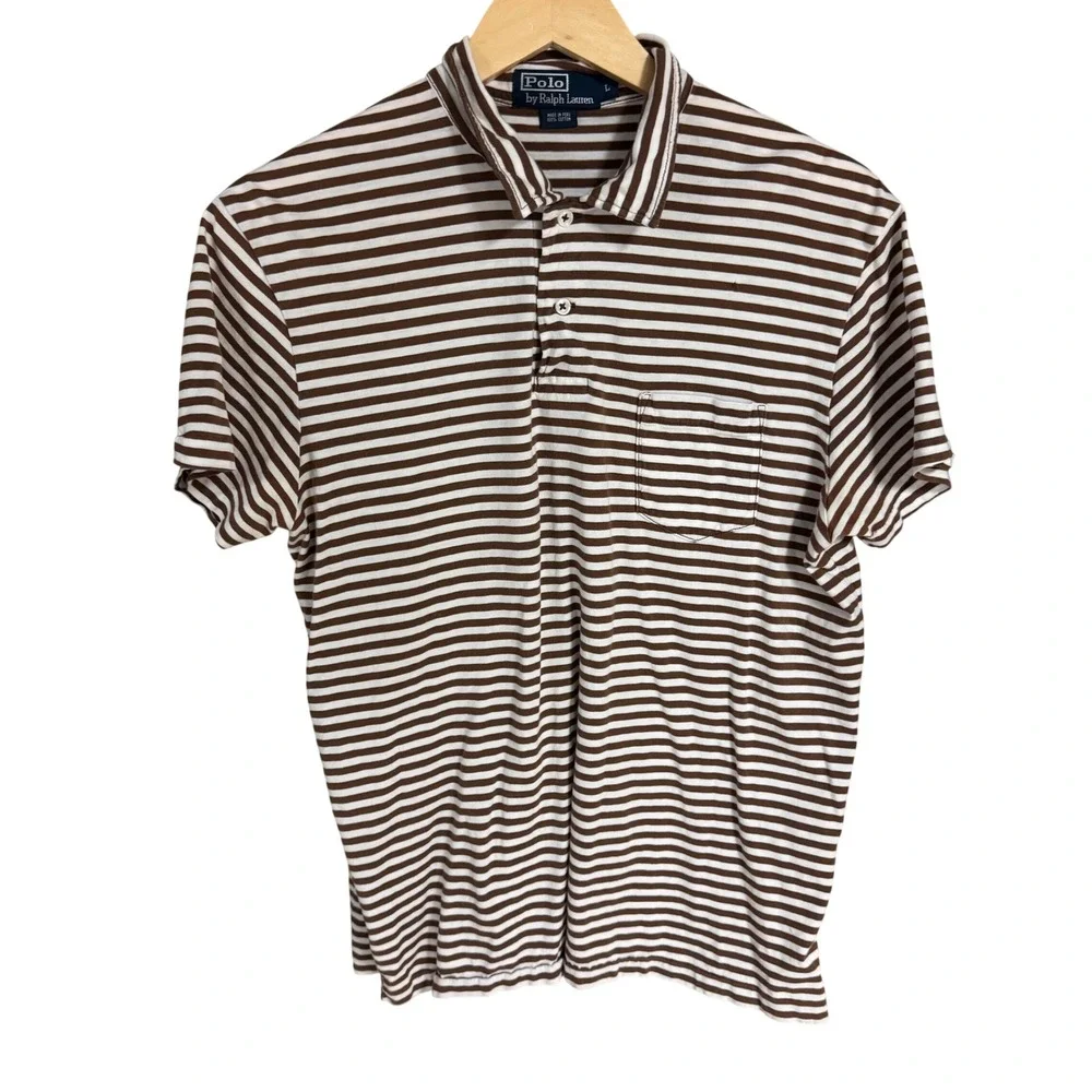 Polo Ralph Lauren Mens Large Brown White Striped Cotton Pocket Polo Shirt L